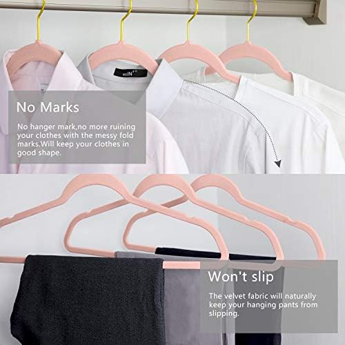 MIZGI Premium Velvet Hangers (Pack of 50) Heavyduty - Non Slip - Velvet Suit Hangers Blush Pink - Gold Hooks,Space Saving Clothes Hangers Felt Organizer - Image 4