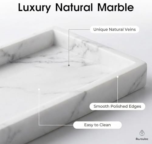 Natural Marble Tray Heavyweight Stone Vanity Tray for Bathroom Countertop, Coffee Table & Dresser - Handcrafted Rectangular Organizer (White, 9.84" x 4.72" x 1.18") - Image 5