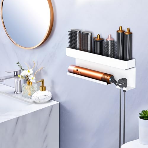 Blow Dryer Holder Wall Mounted Hair Straightener Holder, Blow Dryer and Curling Iron Holder for 7 in 1 Styler Attachments, Hair Dryer Holder, Bathroom Hair Tools Organizer (White) - Image 2