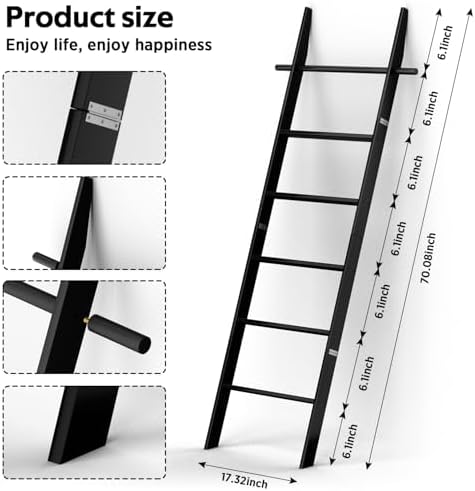 Farmhouse Wooden Blanket Ladder with Removable Hooks Black 6-Tier - Image 3