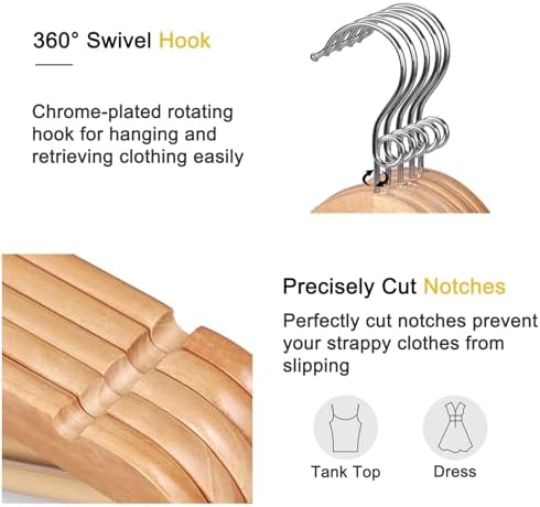 TOPIA HANGER Wooden Hangers 30 Pack, Space Saving Coat Hanger with 360° Swivel Cascading Ring Hook, Non Slip Pants Bar and Shoulder Notches for Camisole, Jacket, Suit, Clothes Hangers -CT62N30 - Image 2