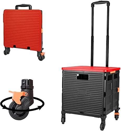 Quick Utility Cart Folding Portable Rolling Crate Handcart with Durable Heavy Duty Plastic Telescoping Handle Collapsible 4 Rotate Wheels for Travel Shopping Moving Luggage Office Use (Black&red lid) by FELICON