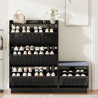 Shoe Cabinet with Bench, 4‑Flip Drawer Fluted Shoe Storage Cabinet with Removable Adjustable Shelves, Side Hooks & Anti‑Tip Device, Freestanding Entryway Shoe Organizer for Hallway, Black - Image 3