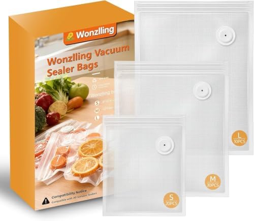 Vacuum Sealer Bags for Food, 60 Pcs Reusable Food Storage Bags, S+M+L Sizes, Air Valve Zipper Bags for Meal Prep, Freezer, Sous Vide & Microwave Storage by Unknown