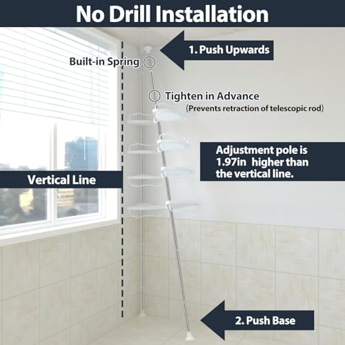 Corner Shower Caddy Tension Pole, 4 Adjustable Shelves, 39-125 Inch, White - Image 6