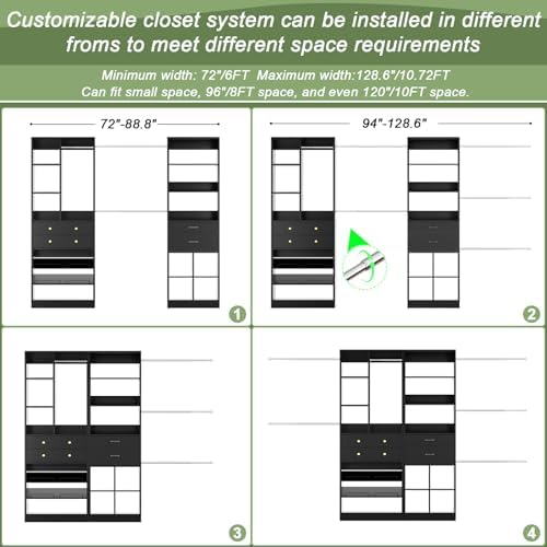 Besiost Closet System, Up to 128.6"/10.7 FT Closet Organizer with 4 Wooden Drawers and Shelves, Walk-in Closet System with 6 Hanging Rods, Built-in Closet Can Fit 96"/8FT, 120"/10FT, Black Set 2 - Image 4