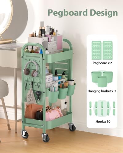 ALVOROG 3 Tier Metal Rolling Utility Cart with Pegboards,Baskets,Hook,Green - Image 2