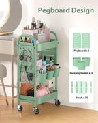 ALVOROG 3 Tier Metal Rolling Utility Cart with Pegboards,Baskets,Hook,Green - Image 2