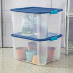 Sterilite 18 Gal Latch and Carry, Stackable Storage Bin with Latching Lid, Plastic Container to Organize Closets, Clear with Blue, 18-Pack - Image 4