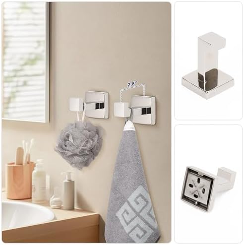 NearMoon 5 Pieces Bathroom Hardware Set 304 Stainless Steel, Square Towel Rack Kit - 16" Towel Rod + Towel Ring + Toilet Paper Holder + 2 Robe Hooks, Wall Mounted Bath Accessories (Chrome Finish) - Image 6