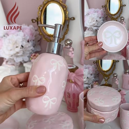Bow Bathroom Set, 4 Pcs Ceramic Bathroom Accessory Sets - Soap Dispenser, Tumbler Toothbrush Holder, Vanity Soap Tray, Cotton Swab Jars - Pink Bathroom Decor Gift for Her (Pink) - Image 4