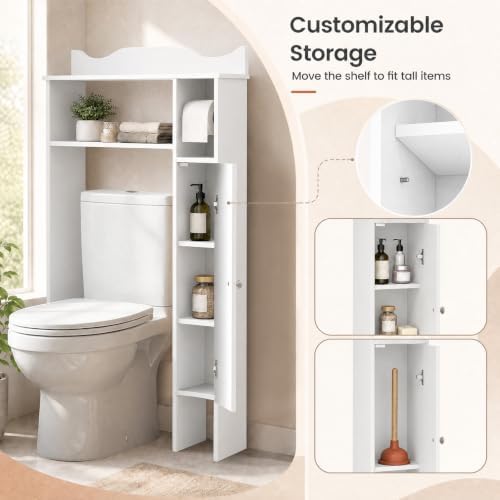 GIANTEX Over-The-Toilet Storage Cabinet, Bathroom Freestanding Space Saver with 1-Door Side Storage Cabinet & Paper Holder, Toilet Rack Organizer Stand for Bathroom Laundry (White) - Image 6