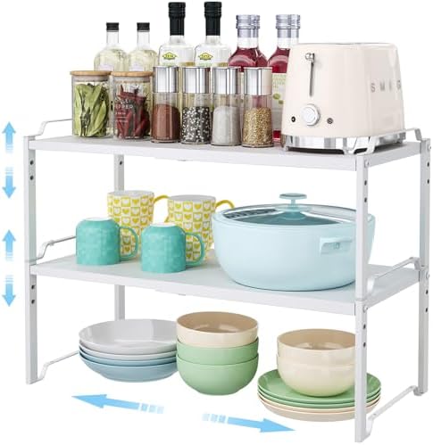 2 Pack 11” Depth Expandable Kitchen Cabinet Organizer Shelves, Heavy Duty Kitchen Countertop Organizers and Storage Rack, Stackable Metal Small Storage Shelf For Pantry Counter Cupboard Organization by Cidaziya