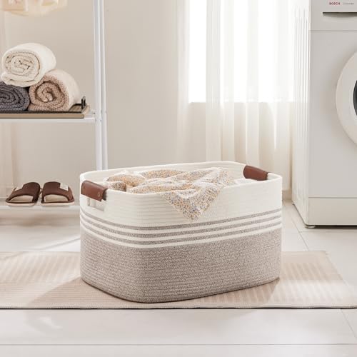 72L Large Woven Laundry Basket Hamper with Leather Handles,Brown​ - Image 3