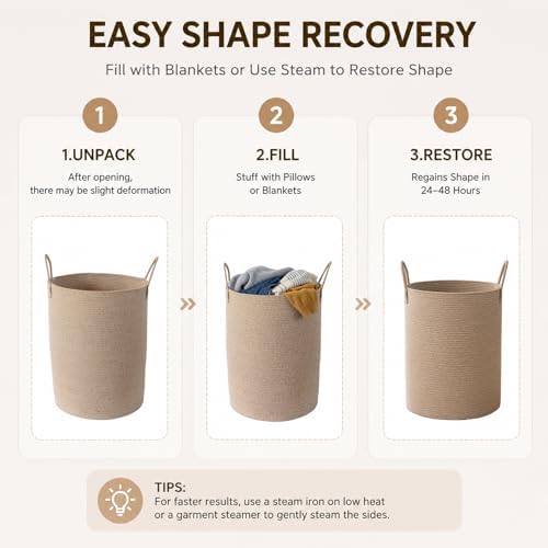 Large Woven Laundry Basket Hamper 80L Cotton Rope Storage Bin Tall Laundry Hamper for Blanket Toy and Clothes Living Room,Baby Nursery,Bathroom, Brown - Image 3