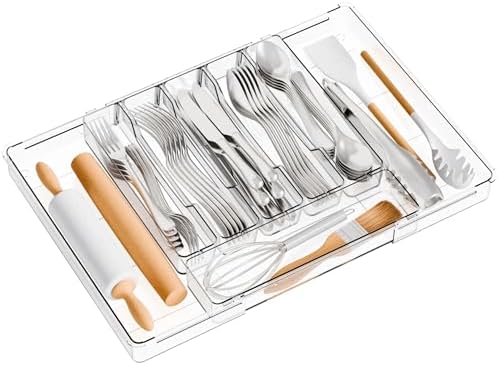 Yieach Large Clear Expandable Silverware Drawer Organizer for Kitchen,BPA FREE Adjustable Utensil Drawer Organizer and Silverware Tray,Plastic Flatware Organizers,Cutlery,Knife,Fork and Spoon Holder by Yieach