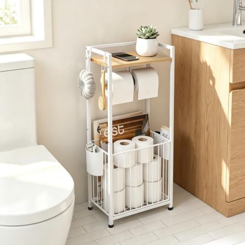 Freestanding Toilet Paper Holder Stand with Hooks & Storage:Large Capacity - Image 2