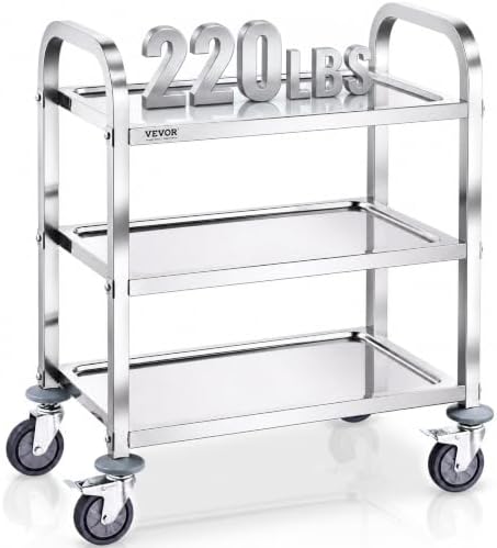 VEVOR Stainless Steel Cart, 3 Layers Lab Utility Cart 220 lbs Weight Capacity, Medical Cart with Lockable Universal Wheels, for Lab, Clinic, Kitchen, Salon by VEVOR
