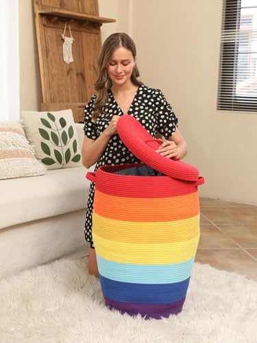 26"x20" Extra Large Tall Woven Laundry Basket with Lid, Cotton Rope Blanket Storage Basket, Freestanding Decorative Bin for Bedroom Living Room, Rainbow Multicolor - Image 6