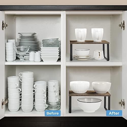 MOOACE Kitchen Counter Shelf, Stackable Cabinet Shelf Organizers Expandable Countertop Shelf for Pantry - Set of 4 - Brown - Image 4