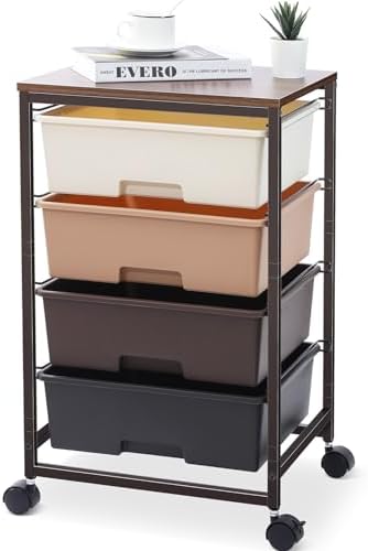 SYKIARIOL Rolling Cart with Drawers, 4-Drawer Utility Cart, Brown by SYKIARIOL
