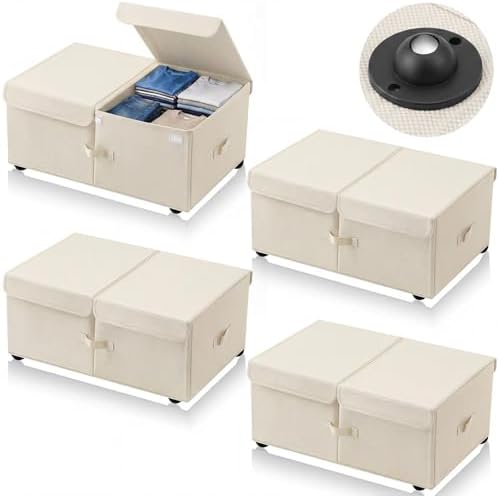 Geelin 4 Pack Under Bed Storage with Wheels, 10 Inch Height 65L Large Capacity Foldable Underbed Storage Bins with Lids & Handles, Easy Assembly Rolling Under Bed Containers for Clothes Blanket, White by Geelin