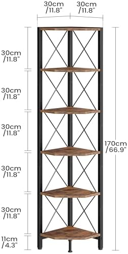 CHOEZON 6-Tier Corner Shelf, Corner Bookcase, 66.9" Tall Vertical Display Rack, Plant Stand, Open Storage Shelf, for Living Room, Bedroom, Study, Kitchen, Rustic Brown and Black TCJ13BF - Image 2