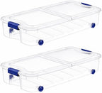 66 Qt Rolling Underbed Storage Bin with Split Lid, Clear Plastic Box, 2pack by Unknown