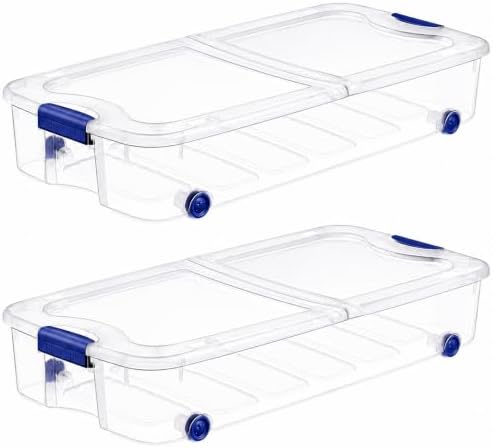 66 Qt Rolling Underbed Storage Bin with Split Lid, Clear Plastic Box, 2pack by Unknown