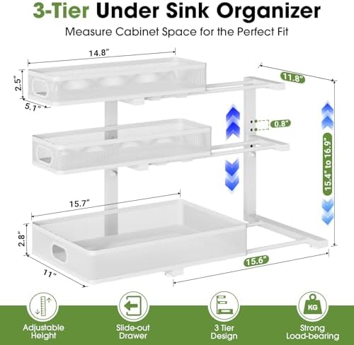 Under Sink Organizer 3 Tier, 2 Pack L-Shaped Pull-Out Cabinet Organizer with Sliding Metal Mesh Drawers, Height Adjustable Under Sink Storage Rack for Kitchen Bathroom Cabinet, White - Image 4