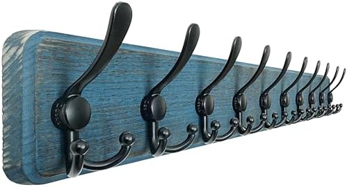 Dseap Coat Rack Wall - Heavy-Duty 38-1/4" Long, with Reinforced 10 Custom Tri-Hooks, Solid Wood Wall Hanger for Coats Hat Jackets - Rustic Farmhouse Entryway Hallway Storage, Weathered Blue & Black by Dseap