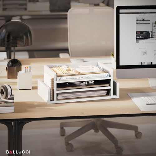 Ballucci 3-Tier Desk Organizer with 2 Side Mail Sorter Slots, Wood Letter Tray, Open Top Paper Organizer, Desktop File Organizer, White - Image 4