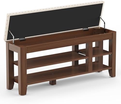 Shoe Bench for Entryway, Solid Rubberwood Shoe Bench with Hidden Storage, Adjustable 2-Tier Shelves & Soft PU Leather Seat, Shoe Rack Durable Easy Assembly for Hallway or Bedroom - Beige, 47.2" by Rosedate