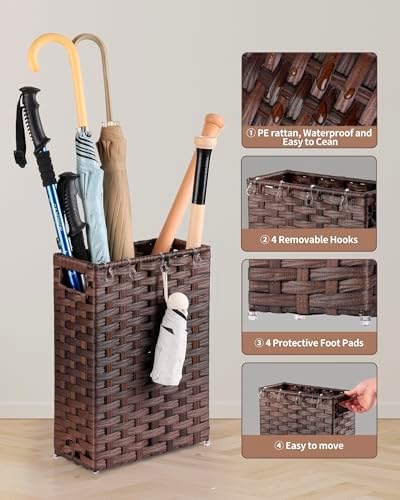 Rattan Umbrella Stand, Umbrella Holder for Entryway, Hand Woven Umbrella Rack Organizer Freestanding, with a Detachable Drip Tray, 4 Hooks, 11.8" L x 5.5" W x 16.5" H - Image 6