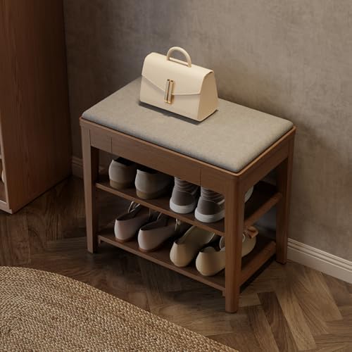 Solid Wood Shoe Bench with Storage, 2-Tier Shoe Storage Bench with Cushion by YQJJGL
