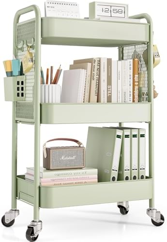 TOOLF 3 Tier Rolling Cart, Metal Utility Storage Cart with Pegboard, Green by TOOLF