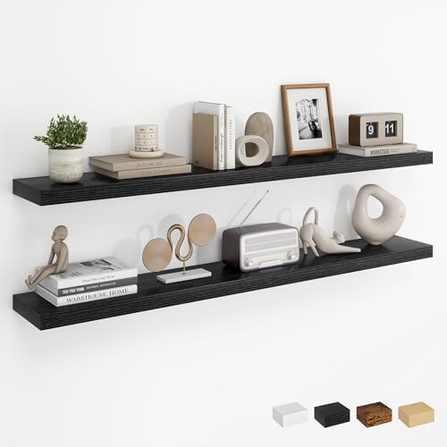 Dreamland 48Inch Floating Shelves for Wall, Rustic Wooden Black Floating Shelves for Living Room, Kitchen, Farmhouse, Deep Wall Mounted Book Shelf, Wood Storage Display Shelf for Home Decor, Set of 2 by Dreamland