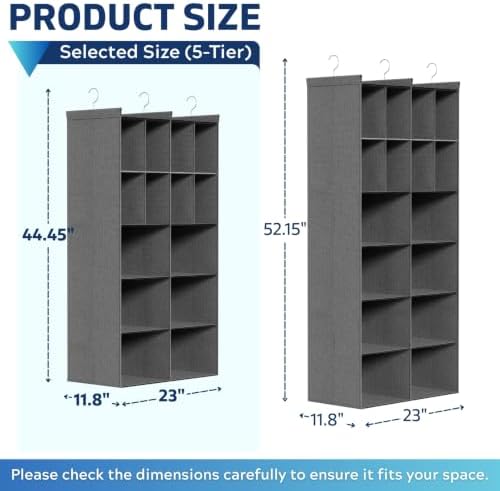 5 Tier Hanging Closet Organizer, 14 Compartments Dual Row Storage, Grey - Image 2