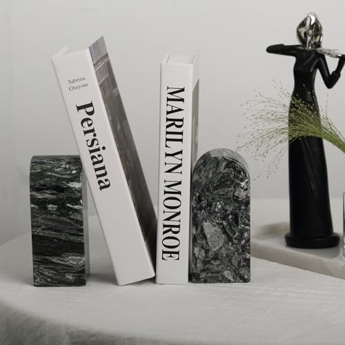Koville Natural Marble Bookends for Shelves, Decorative Book Ends, 7lbs Heavy-Duty Marble Book Holders, Bookshelf Apartment Decor for Normal Books/CD/Video Games(Olive Green) - Image 7