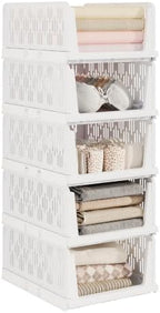 UDEAR 5 Pack Stackable Closet Storage Baskets, Foldable,White by UDEAR