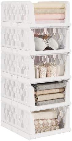 UDEAR 5 Pack Stackable Closet Storage Baskets, Foldable,White by UDEAR