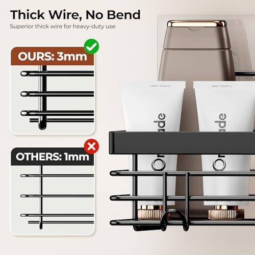 Orimade Shower Caddy with 5 Hooks for Hanging Razor and Sponge Adhesive Shower Shelf Basket Bathroom Storage Organizer Kitchen Rack No Drilling Stainless Steel Rustproof - 2 Pack,Black - Image 4