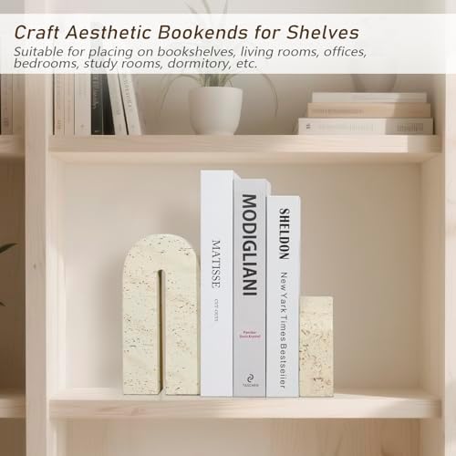 BOHDK Book Ends for Shelves, Resin Heavy Duty Decorative Bookends, Retro Arch Book Holder for Heavy Books, Imitation Travertine Book Stopper for Home Decor, Study, Bookshelf, Desktop, Set of Two - Image 6
