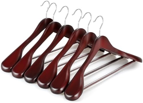 TOPIA HANGER Wide Shoulder Wooden Hangers, Suit Hangers with Non Slip Pants Bar & 360° Swivel Hook, Solid Wood Heavy Duty Coat Hanger, 6 Pack (Matte Cherry)-CT02C by TOPIAHANGER