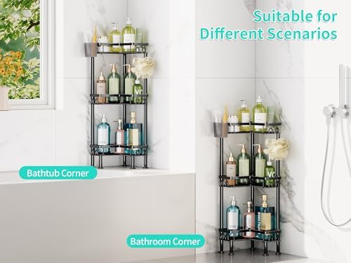HapiRm Standing Shower Caddy Corner - 3 Tier Corner Shower Organizer with Toothbrush Holder and 12 Hooks, Large Capacity Rustproof Bathroom Shelves for Tall Bottles, Black - Image 4
