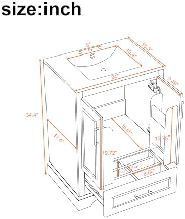 Harper & Bright Designs 24" Bathroom Vanity with Sink, Free Standing Single Basin Vanity with Divided Drawer & 2 Doors with Double Shelf, Wooden Storage Cabinet with Ceramic Basin for Bathroom, White - Image 2