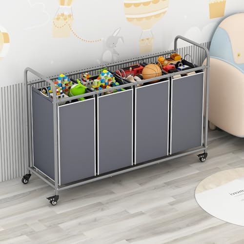 LINZINAR 4 Section Laundry Hamper, Grey Laundry Basket, 180L Laundry Sorter - Image 3