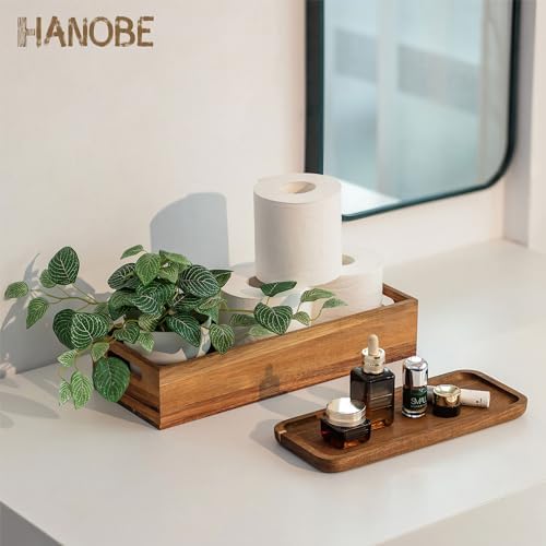 Hanobe 2pcs Acacia Wood Bathroom Toilet Storage Basket Tank Topper Set - Image 2