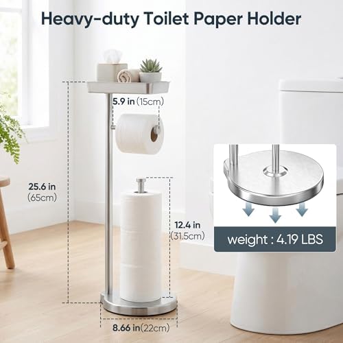 theaoo Toilet Paper Holder Stand with Shelf, Flushable Wipes Dispenser, Free Standing Toilet Tissue Roll Storage Rack Organizer for Bathroom (Silver, Free Standing - with Storage) - Image 6