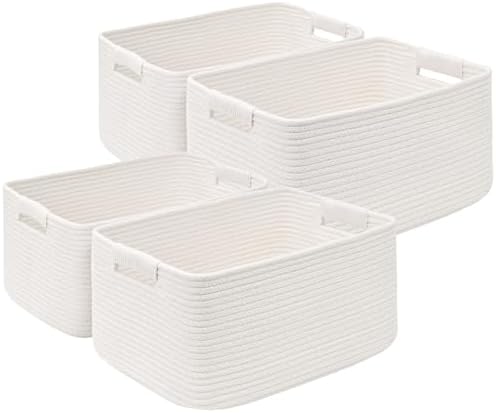4 Pack Large Storage Basket for Organizing, 17.5"x13"x7" Woven Basket for Shelves, Closet Cube Storage Bins with Wrapped Handle, Cotton Rope Baskets for Kitchen, Clothes, Toys(Off White) by Degeyoyo